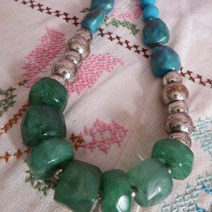 10" Beaded Statement Necklace Multi Size Beads Green/Blues
